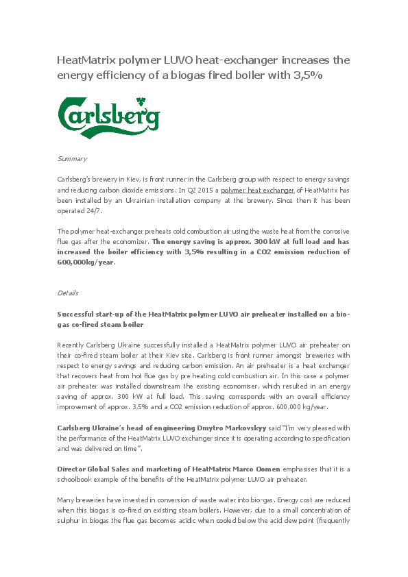 Carlsberg - heat recovery via heat exchanger