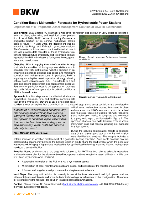 Enhance asset utilization in Hydropower industry via Condition Based Malfunction Forecasts