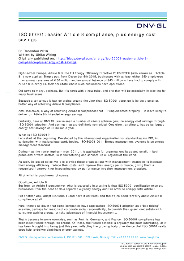 ISO 50001: easier Article 8 compliance, plus energy cost savings