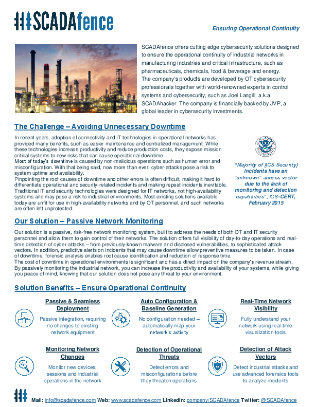 Cybersecurity solutions designed to ensure the operational continuity of industrial (ICS/SCADA) networks